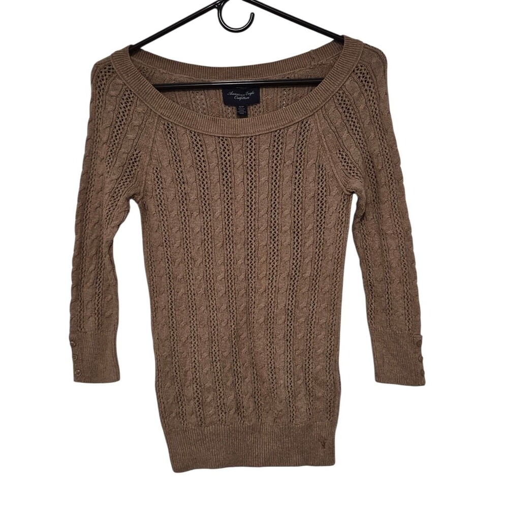 Y2K American Eagle XS Brown Cable Knit Wool Blend Preppy Bella Core